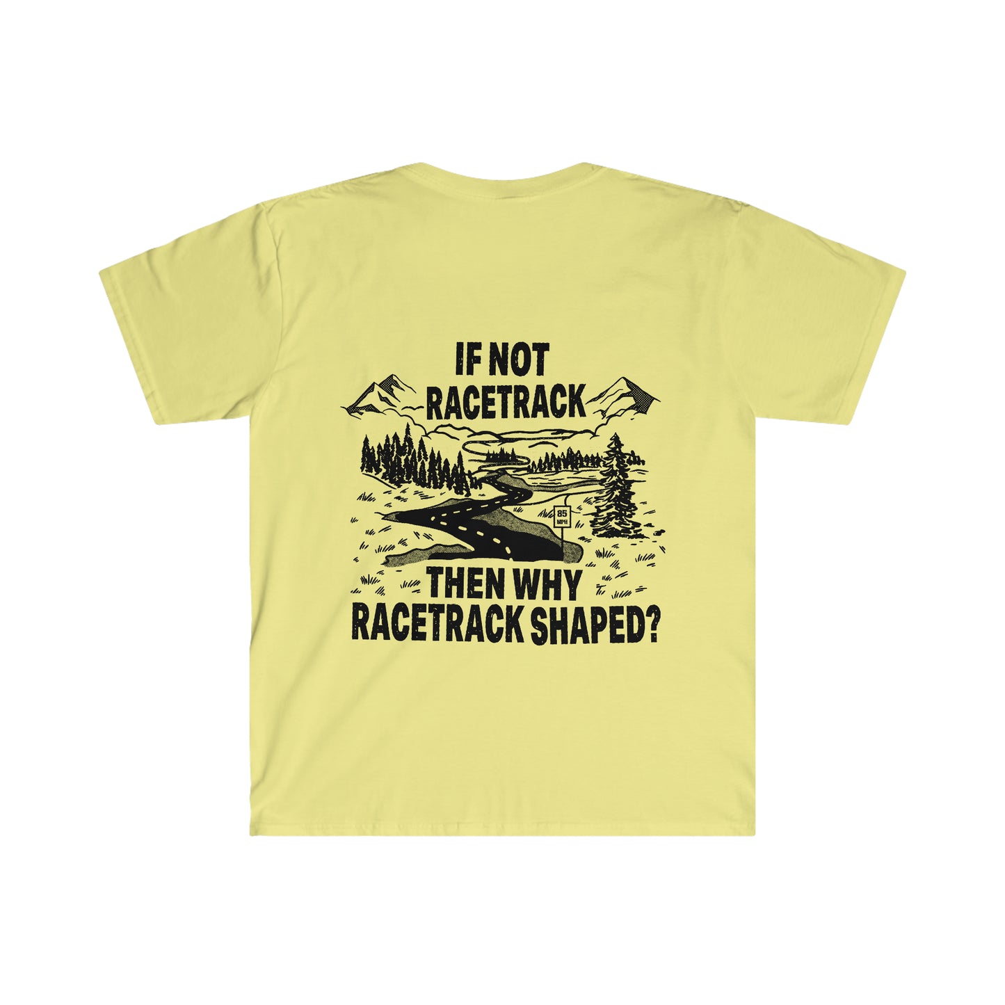 WHY RACETRACK SHAPED? Mountain Road Softstyle T-Shirt